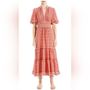 NWT Max Studio Flutter Sleeve Printed V- neck Maxi Dress Red and White Size Smal